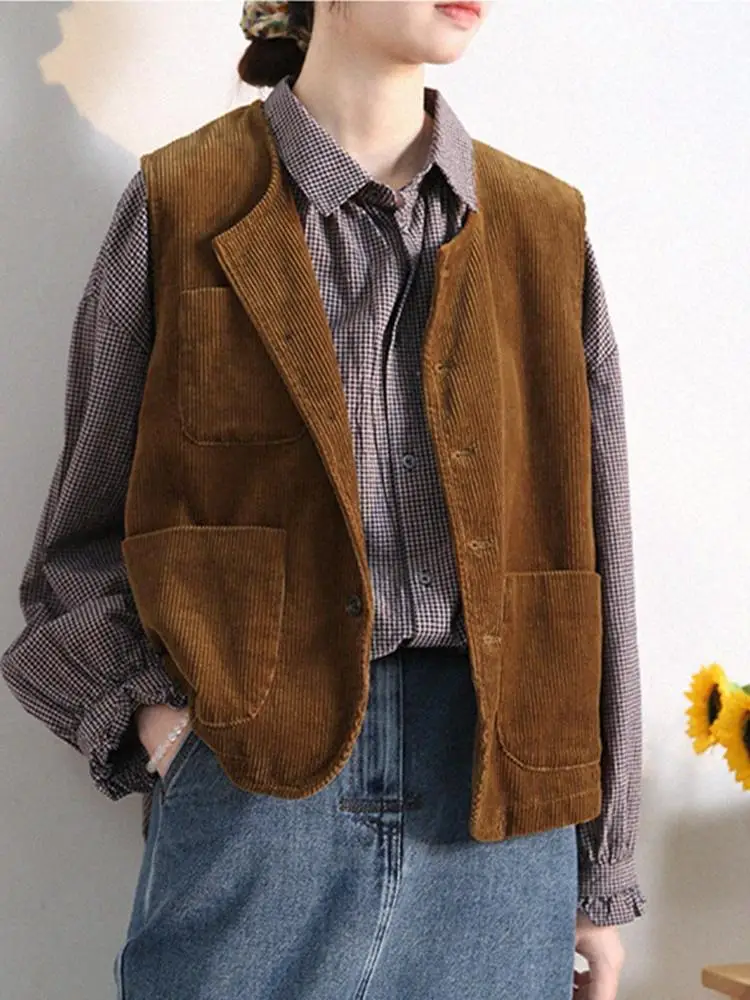 레트로 코듀로이 조끼 여성용 봄 가을 슬림 아우터 우아한 여성용 오픈 가디건 코트 면 폴리에스터 혼방