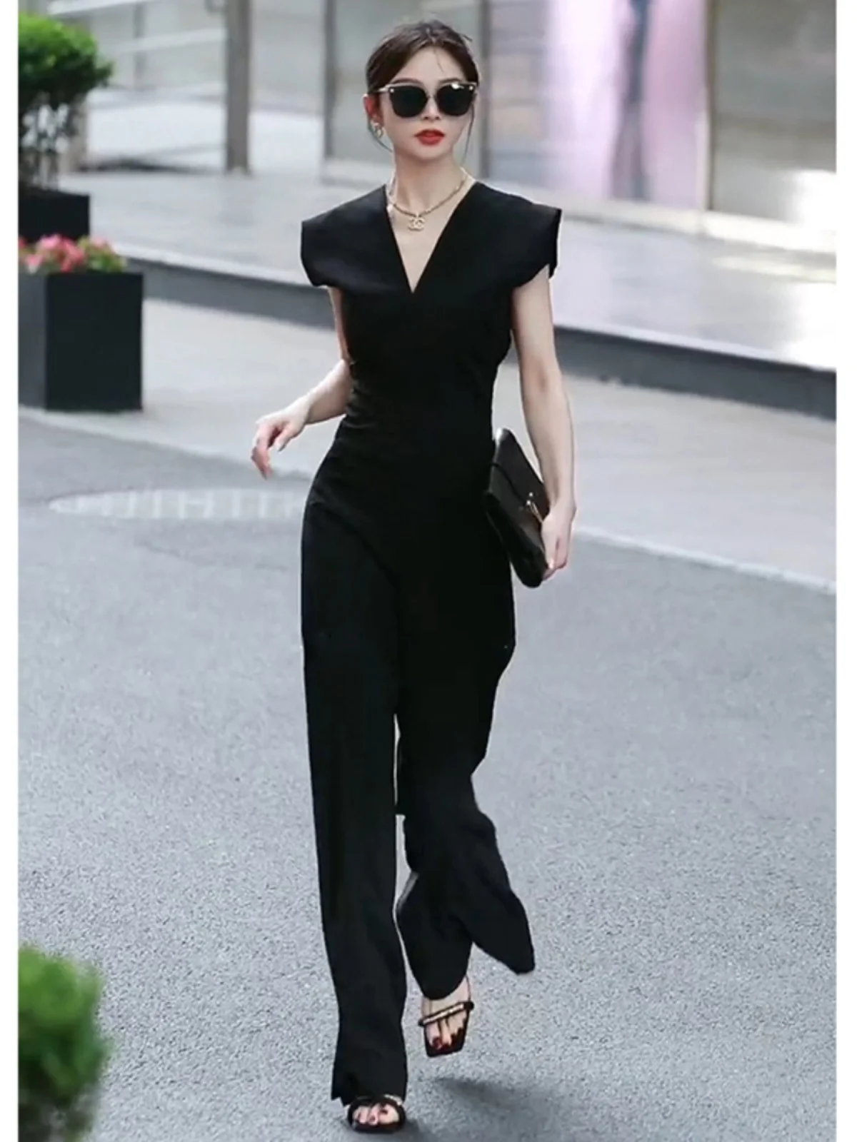 

Широкие брюки Bla для женщин, летние, модные, для офиса, с V-образным вырезом, из полиэстеровой смеси, с высокой талией