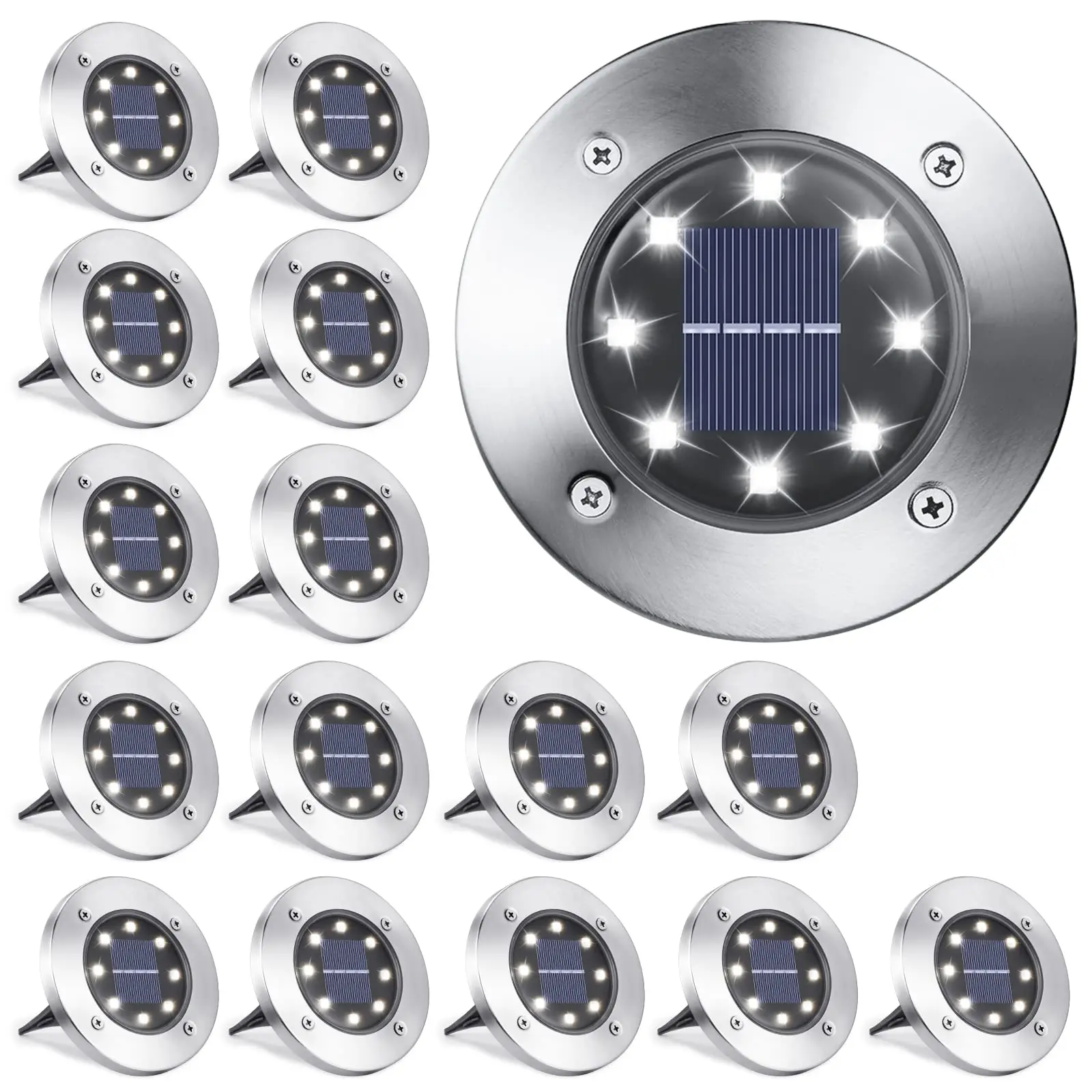

Solar Ground Lights Outdoor 8 LED Solar Disk Lights Waterproof Garden In-ground Pathway Landscape Lighting for Lawn Walkway