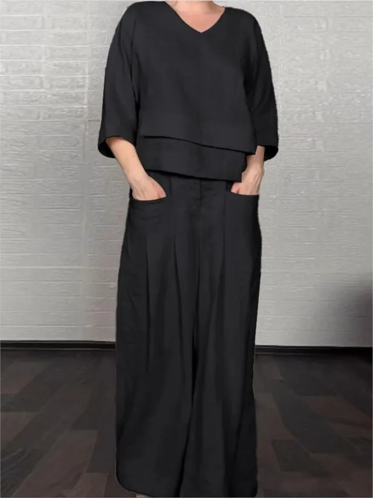 レディースカジュアルルーズイレギュラーコットンリネントップスーツ春秋新作ファッションポケットワイドレッグパンツオフィスツーピースセット