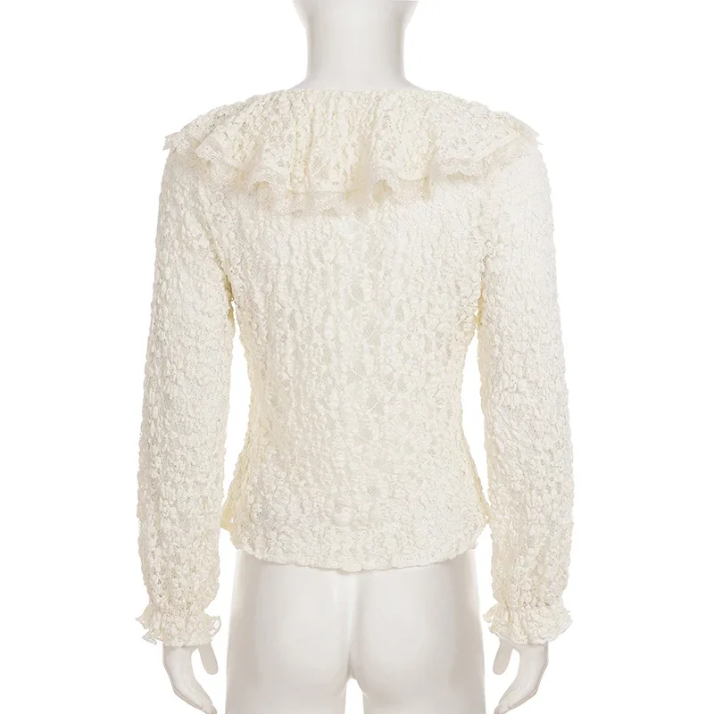 2025 New Fungus Splice Lace Shirt For Women V Neck Lantern Sleeve Ruched Top Cardigan Elegant Commuting Female Blouses Fashion