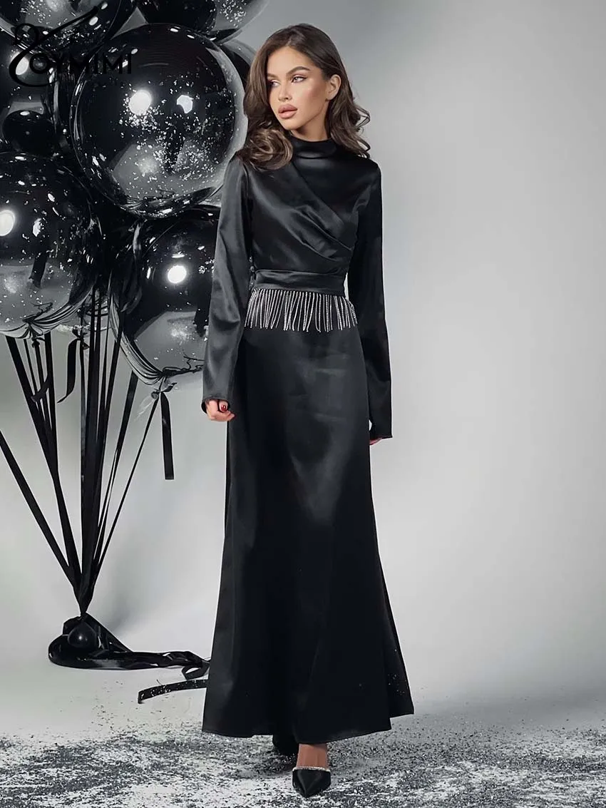 

Oymimi Fashion Black Turtleneck Women's Dress Elegant Long Sleeve Tassel High Waist Dresses Casual Satin Floor-Length Dresses