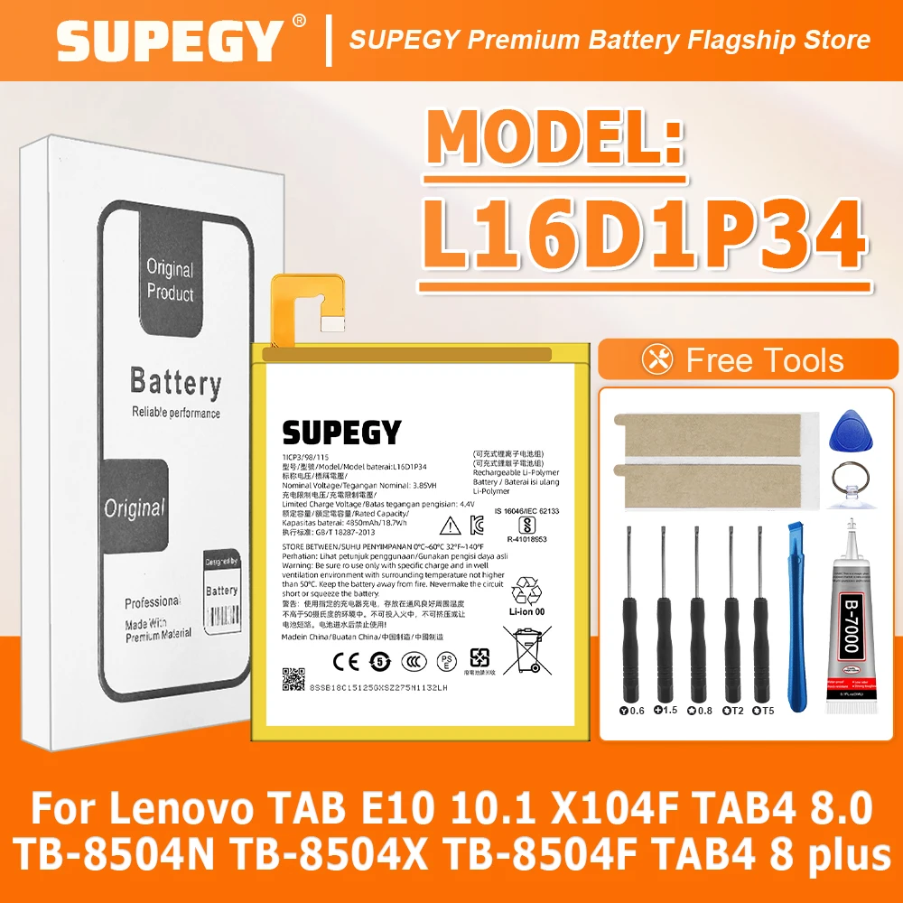 

L16D1P34 Battery For Lenovo TAB E10 10.1 X104F TAB4 8.0 TB-8504N TABLE TB-8504X TB-8504F TAB4 8 plus Batteries