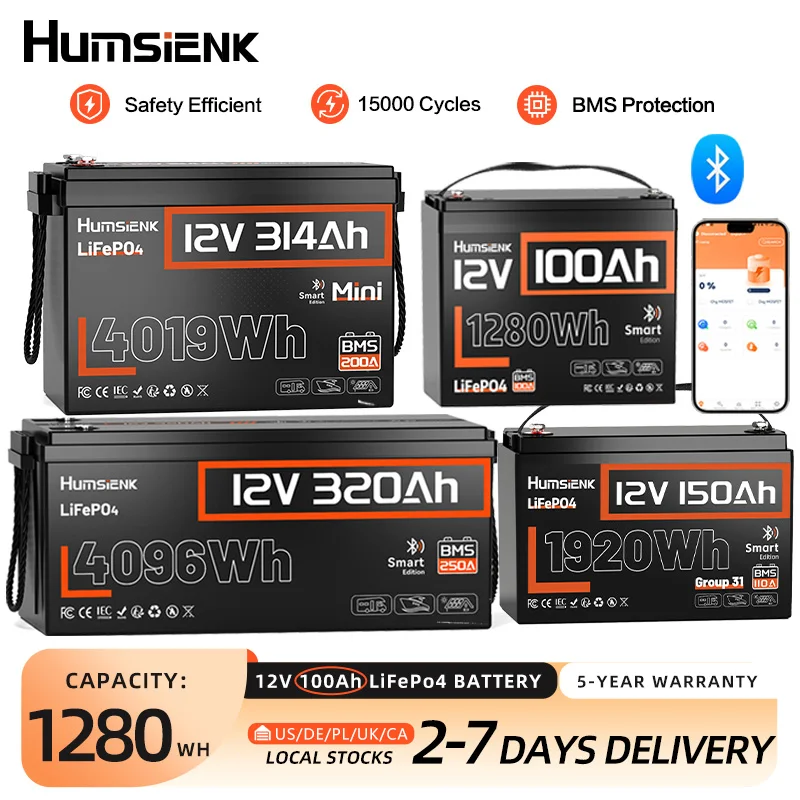 Humsienk 12V 100Ah 150Ah 320Ah 314Ah 640Ah LiFePO4 Rechargeable lithium battery Built-in BMS For RV /Camp/ Solar Energy Storage
