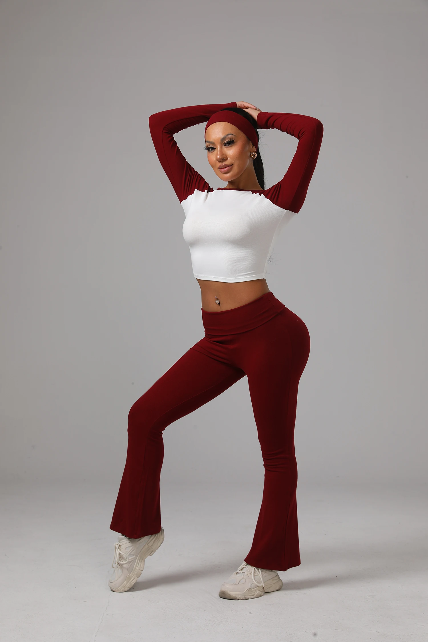 3Pcs Women Color Block Yoga Set Long Sleeve Crop Top High Waist Flare Pants Headband Sport Fitness Tracksuit