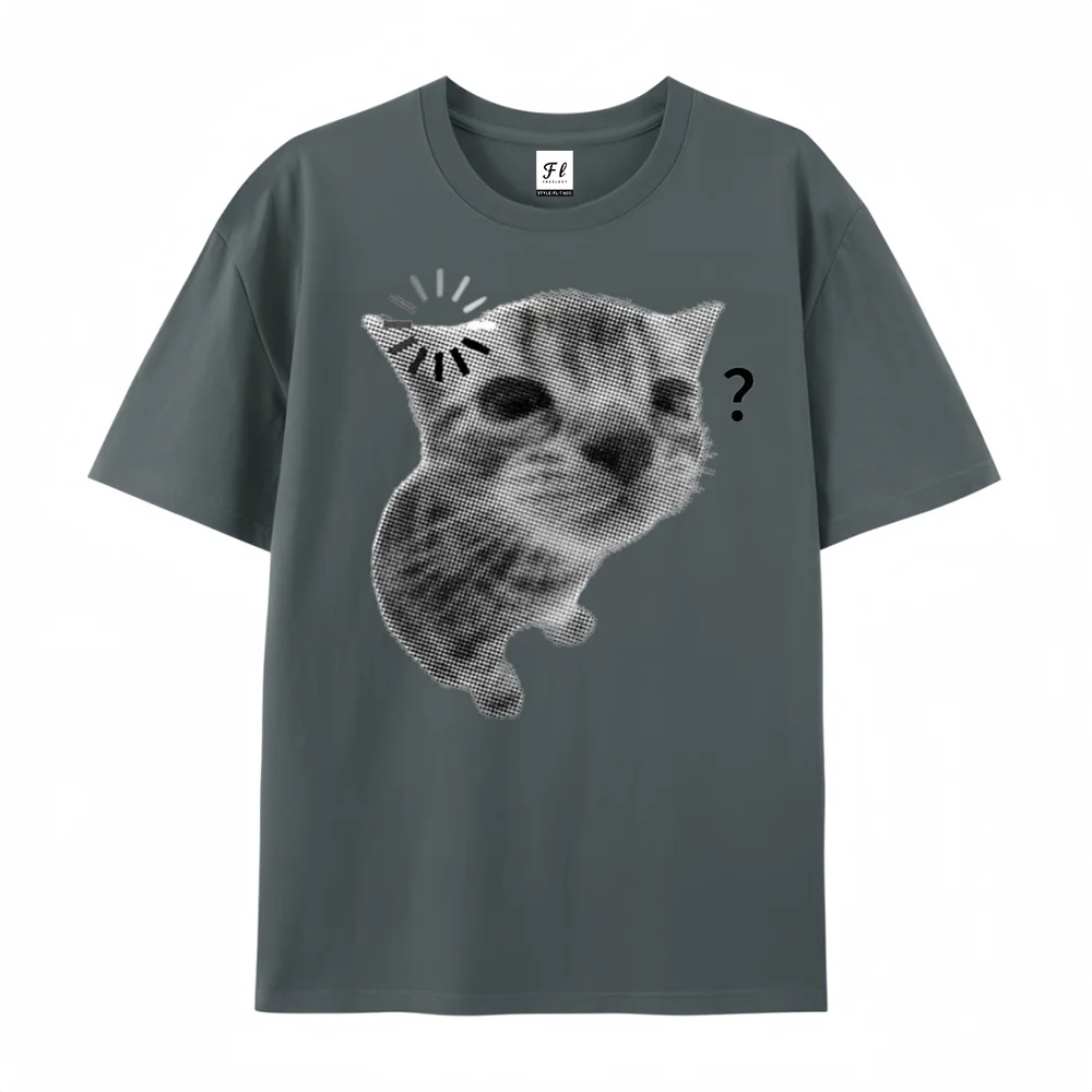 Women Confused Meme Cat Graphic T‑Shirt Retro Halftone Kitty Print Short Sleeve Crew Neck Loose Casual Streetwear Cotton Tee