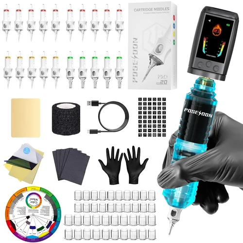 Imagen 2 del producto Kit de tatuaje POSEIDON, Kit de pluma de tatuaje con pantalla a Color para maquillaje permanente, Kit de máquina de tatuaje, fuente de alimentación inalámbrica para tatuaje, Kit de tatuaje