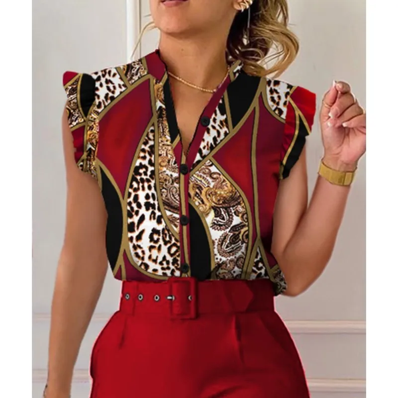 

Commuter Women Summer Fashion Print Shirts Patchwork Design Ruffles Decor V-neck Sleeveless Slim Single Breasted Blouses Tops