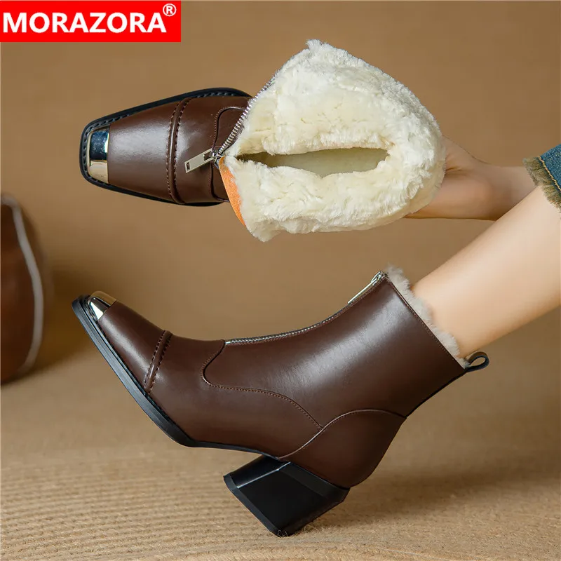 MORAZORA Genuine Leather Boots Women Zipper Chunky Heels Square Toe Wool Warm Winter Snow Boots Ladies Office Dress Shoes