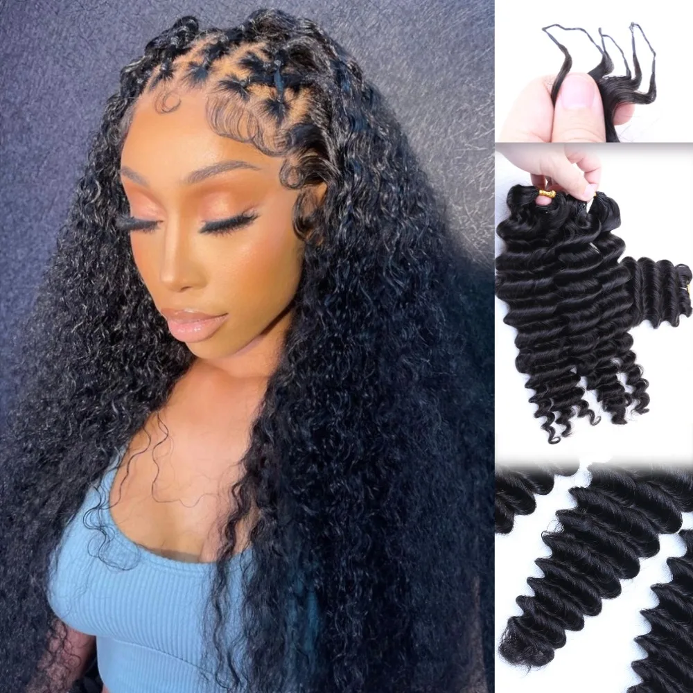 Cabello humano vietnamita 100 % natural, de color negro, con ondas sueltas y profundas, trenzado bohemio sin nudos y con mechones predivididos. Extensiones de ganchillo invisibles con mechones preformados y nudos especiales para trenzar, suaves, esponjosas y resistentes al calor, ideales para el uso diario de mujeres y niñas.