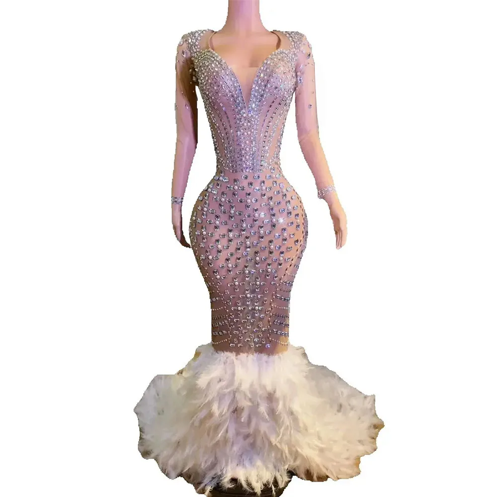 Luxurious Sexy Stage Costumes V-neck Diamond Feather Dress Nightclub Bar Dj Performance Singer Gogo Dancers Festival Stage Wear