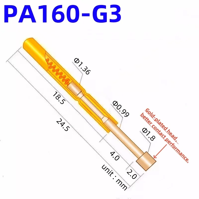 

100PCS PA160-G3 Spring Test Probe PA160-G Test Pin P160-G P160-G3 Test Tool 24.5mm 1.36mm Needle Gold Tip Dia 1.80mm Pogo Pin