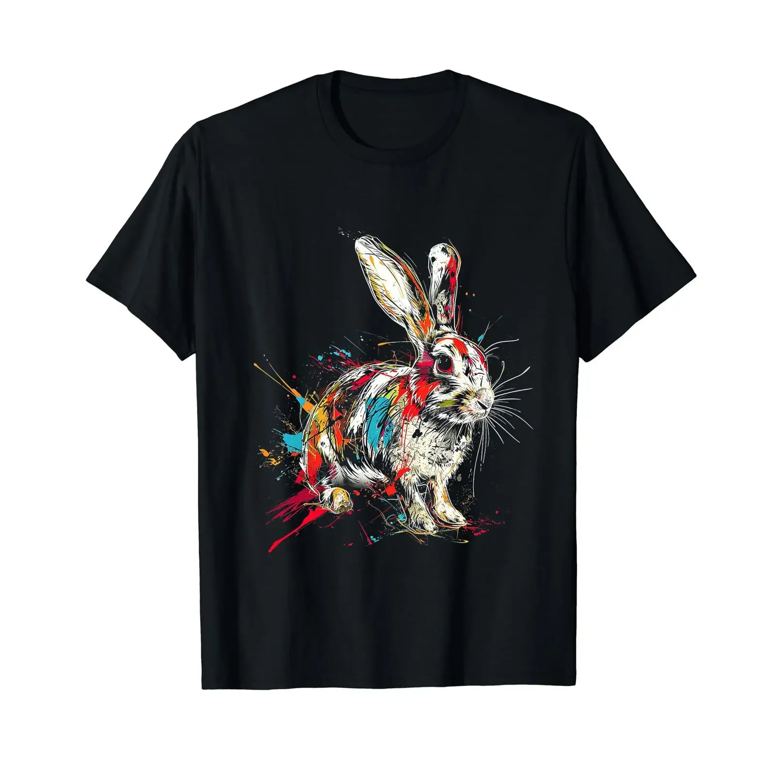 Rabbit Colourful Animal Art T Shirt black vintage Washed Stretched Slightly Comfortable fashion Soft Stylish graphic Unisex