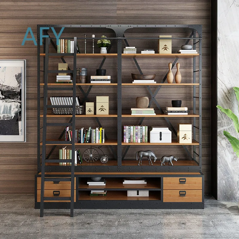 American Wrought Iron Home Bookshelf for Restaurant Display Floor-to-Ceiling Solid Wood Bookcase for Cafe LOFT Industrial