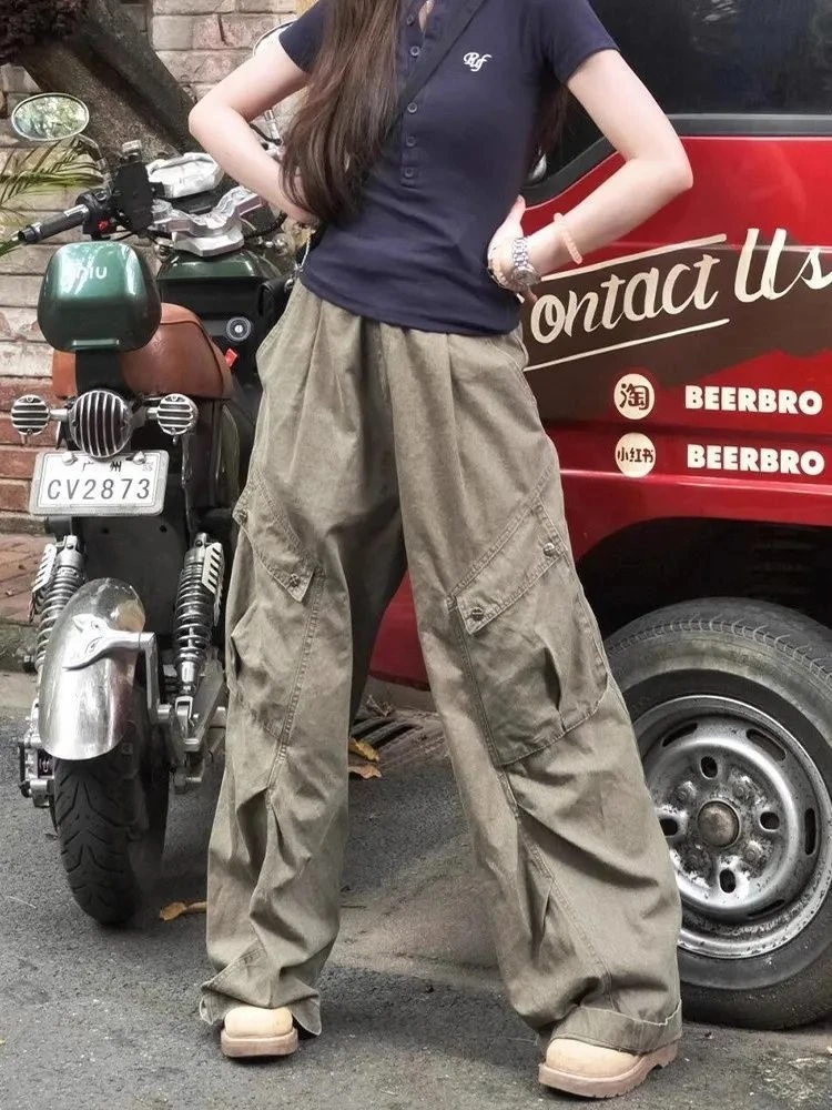 Pantaloni cargo in denim con tasca grande retrò americana donna primavera autunno pantaloni casual larghi a vita alta dritti streetwear