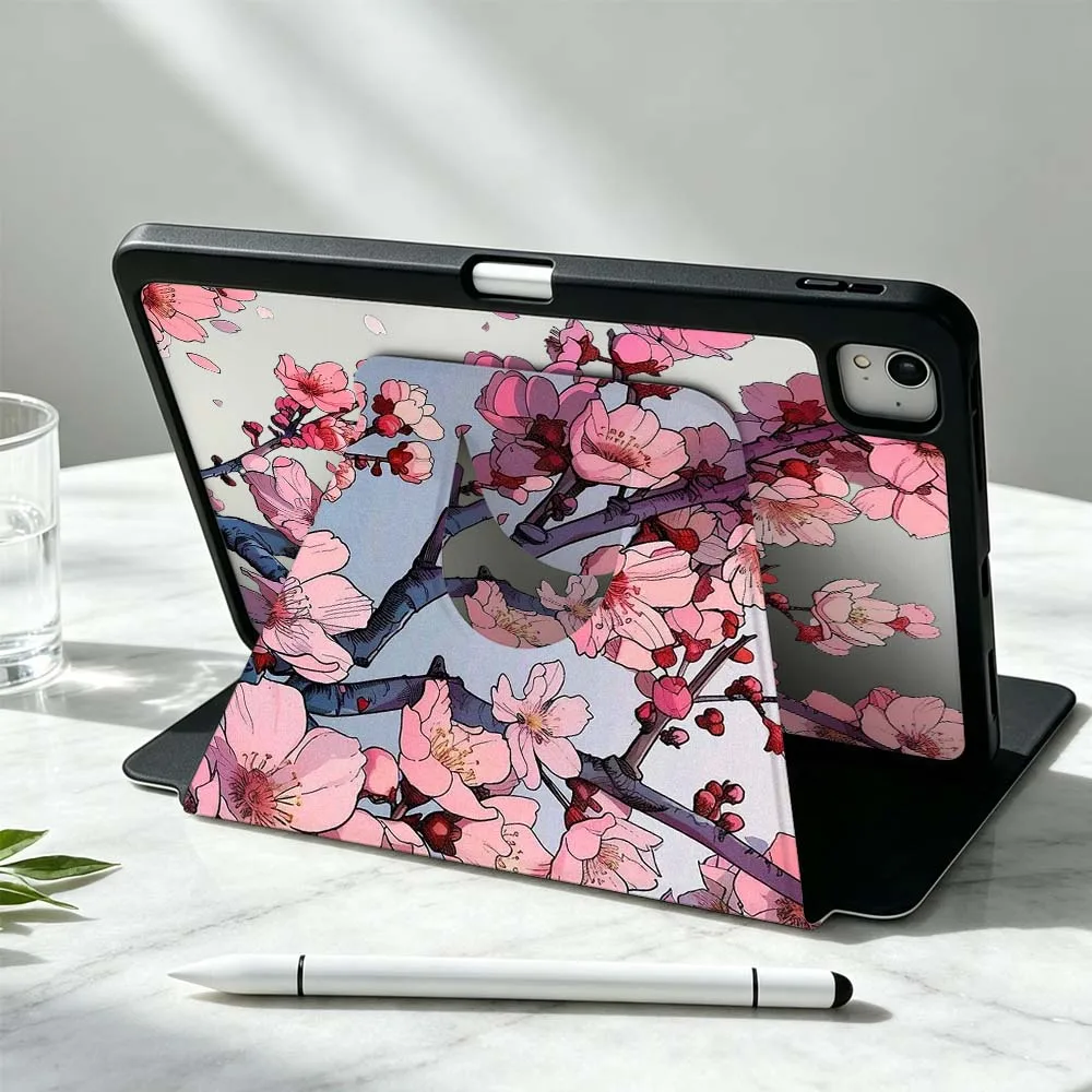 Beautiful Lucky Peach Blossoms For iPad Pro Air mini 6 5 4 12th M5 M4 M3 M2 A16 A17Pro 360° Rotation Stylus Storage Tablet Case