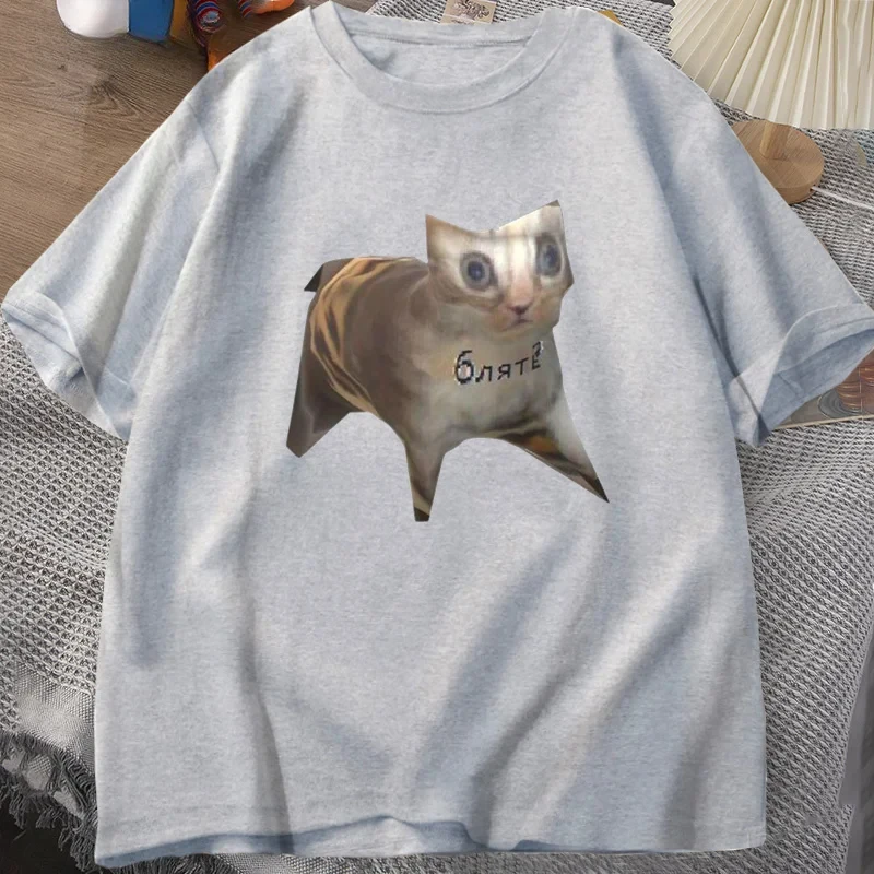 الروسية القط ميمي مضحك الجرافيك طباعة القط التي شيرت عادية Harajuku كم ملابس نسائية عادية الشارع بلايز المحملة الملابس الجمالية #4