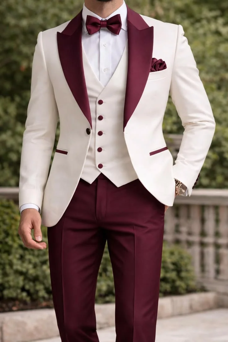 

Ivory Burgundy Tuxedo Suit Men's Wedding Groom Formal Prom Blazer Slim Fit Evening Wear