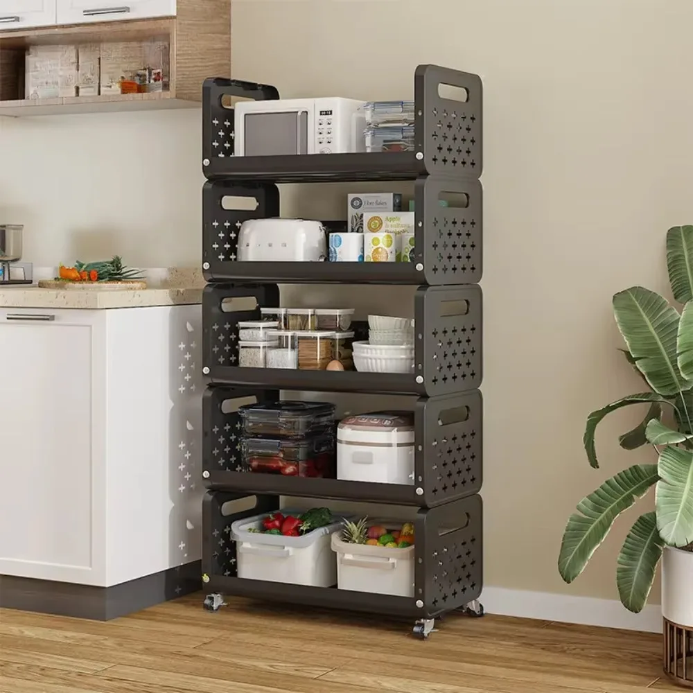 Kitchen Basket Storage Rack Floor Standing Multilayer Snack Rack Mobile Bookshelf Cart Multi-functional Vegetable Storage Trolly