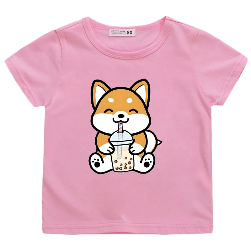 

2025 New Kitten Drinking Milk Tea Pattern Children's Creative Cartoon Pattern Casual Boys and Girls Short Sleeve Top