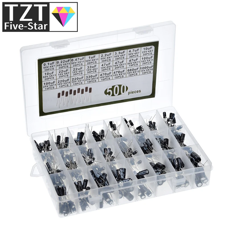 

500Pcs/lot 0.1UF-1000UF 24Values Aluminum Electrolytic Capacitors 16-50V mix Electrolytic capacitor Assorted kit and storage box