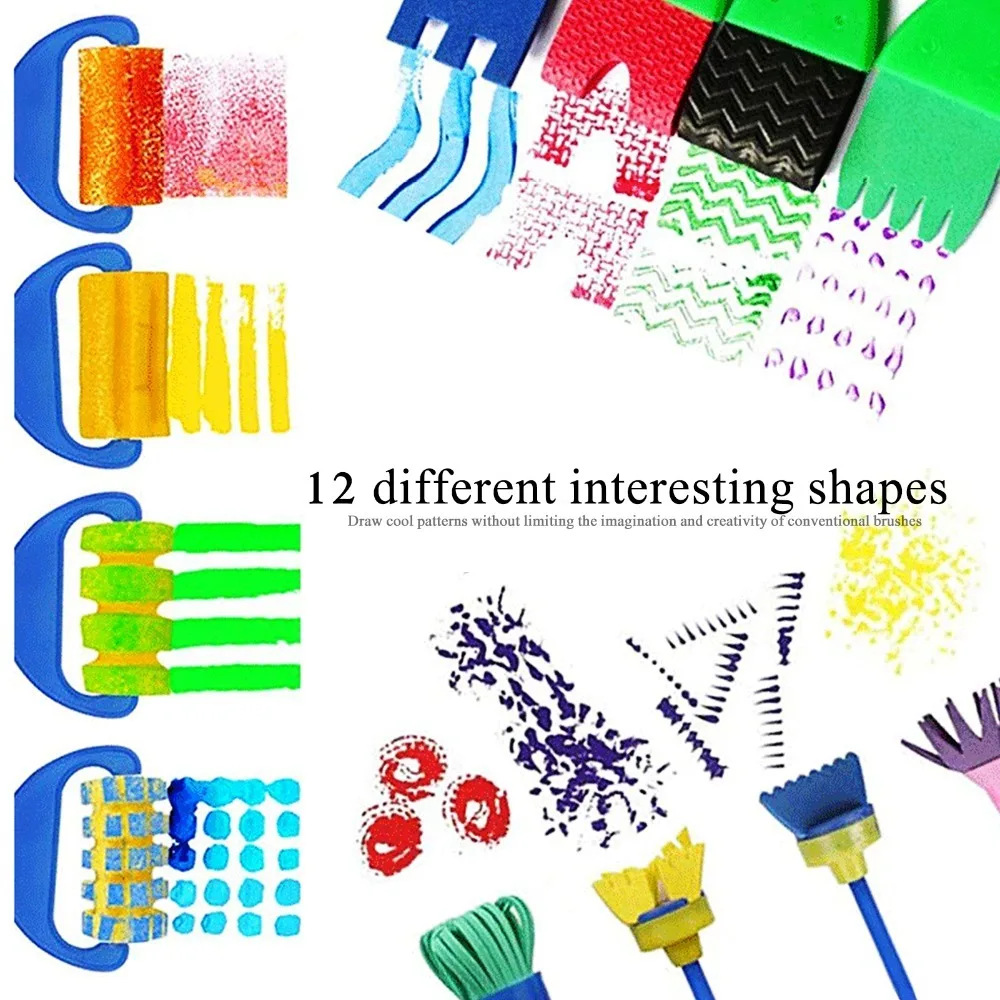 12PCS EVA Foam Made Painting Sponge Brush Roller & Stamp Combo Gentle Texture DIY Drawing Tools Multi Pattern Assortment