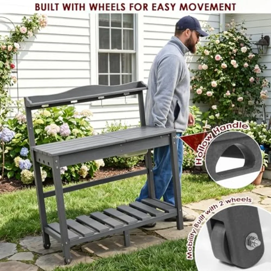HDPE Outdoor Potting Bench with Sliding Tabletop and Removable Sink