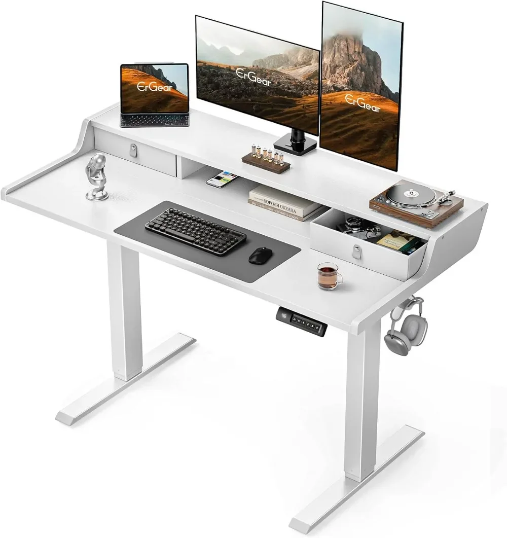 Mesa de jogos com suporte do monitor, Home Office altura ajustável com prateleira de armazenamento, branco, 4 alturas predefinidos, 48 in X 24 in