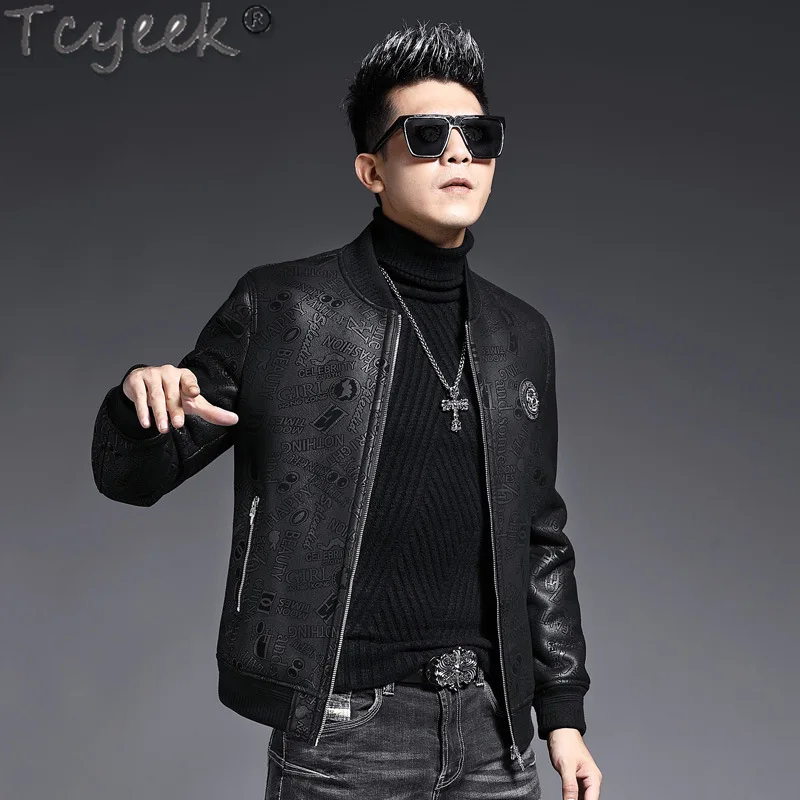 Tcyeek 2023 Winter Real Leather Jacket for Men Fashion Casual Sheepskin Coat Warm Wool Jackets Baseball Collar Man Clothes Short