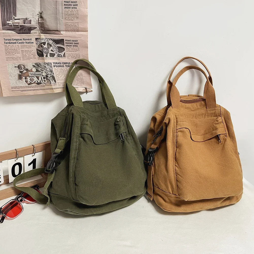 Canvas Backpack Vintage Commuting School Bag Solid Color Student Rucksack Aesthetic Hippie Y2K Backpack for Women Girls