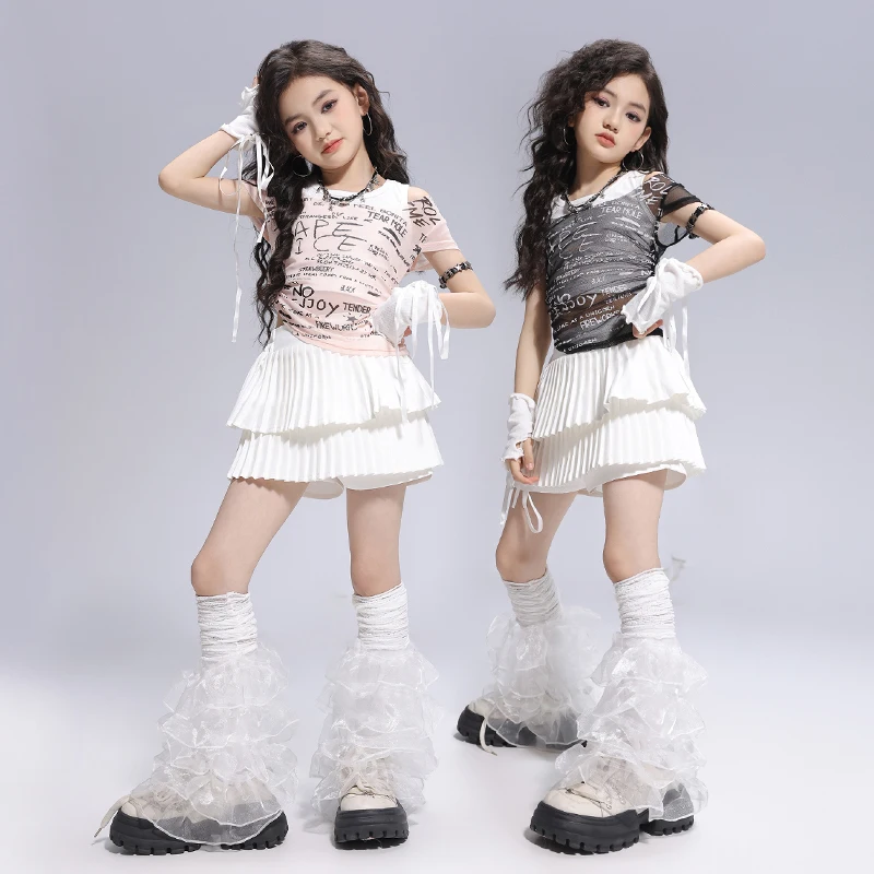 Hip Hop Girls K-pop Mesh Crop Top Shirt Street Dance Tiered Skirts Kids Streetwear Child Jazz Costume Girl Group Clothes Sets