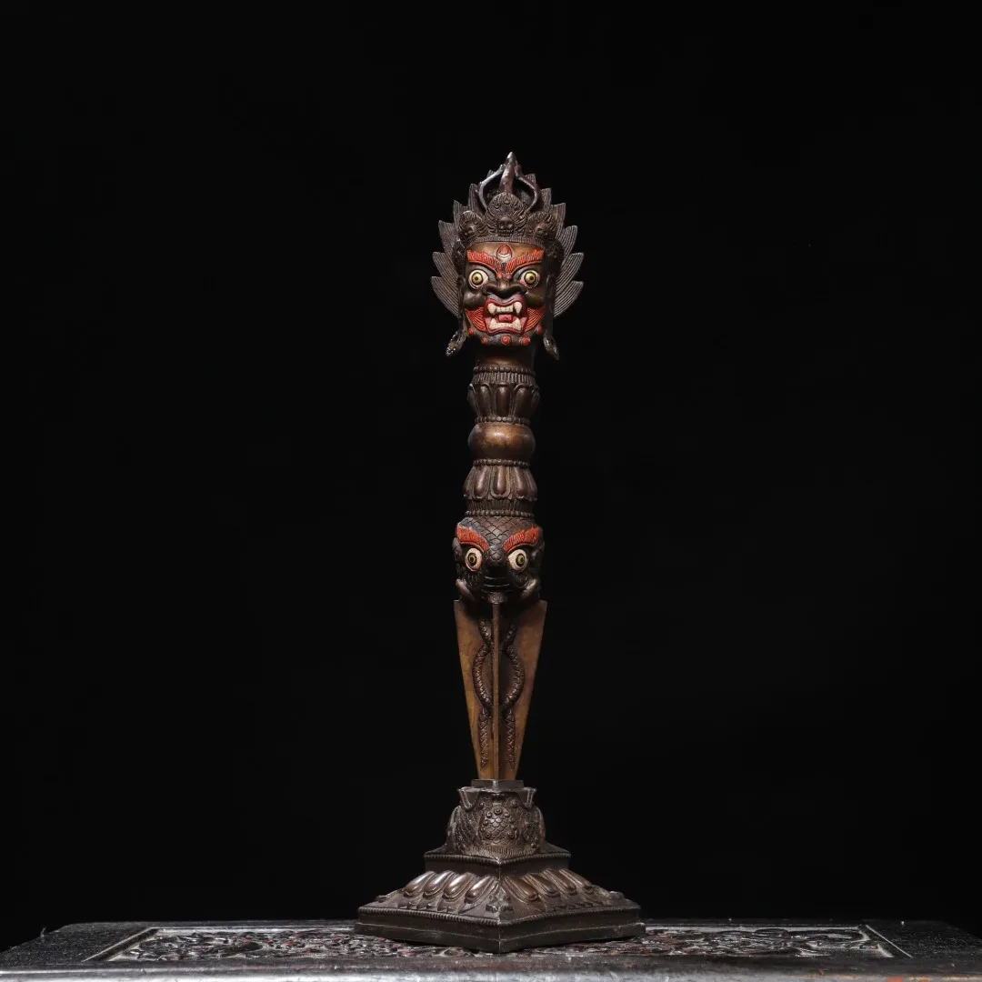 Old Bronze Gilded Cinnabar Puma Vajrayana Buddha Mahakala Buddha's Head Dorje Vajra Phurpa Amulet Dharam Lotus Buddha Terrace