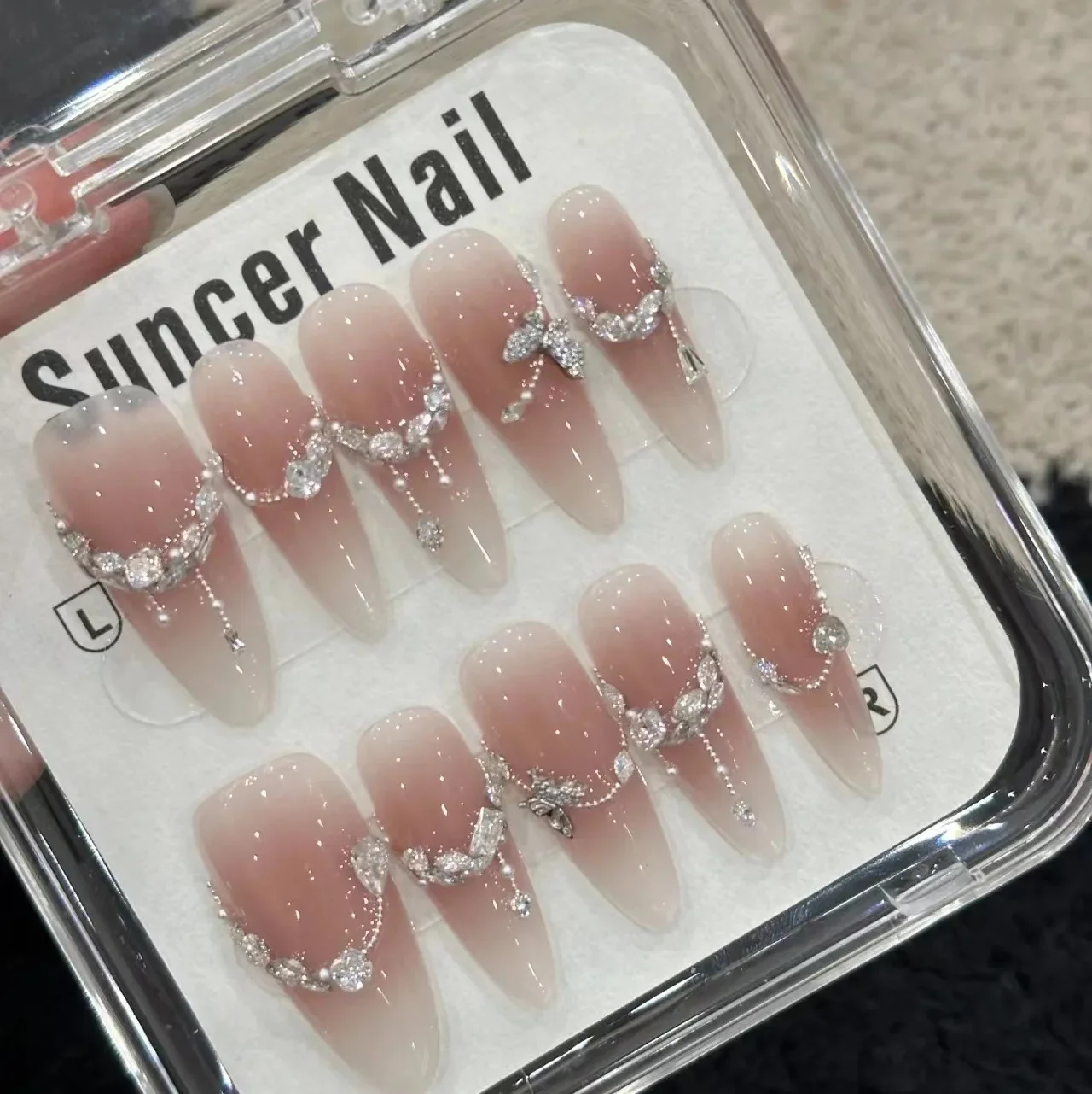 10PC wearable Princess Pink y2k French almond fake nails press on long handmade acrylic ballet diamond false nail tips with glue