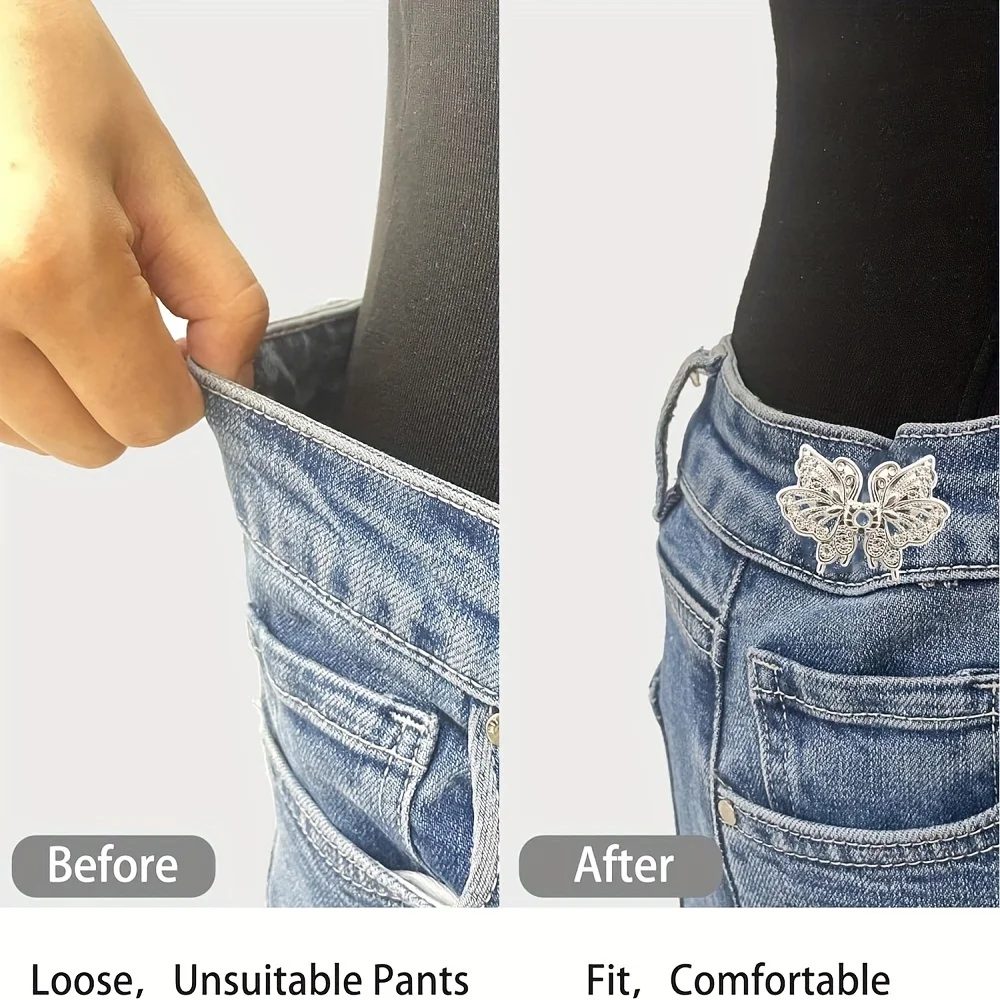 4 pairs of adjustable denim button clips, loose denim metal butterfly waist tightener, no need to sew or shrink pants size