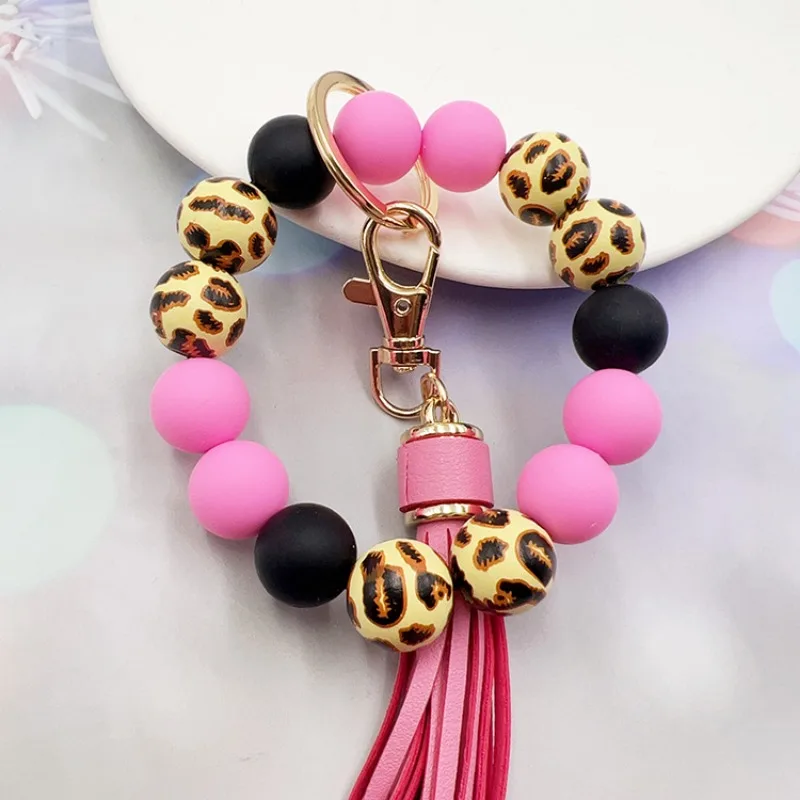 Leopard Print Acrylic Bead Bracelet, with PU Leather Tassels AndKeychain Bag Pendant, Women\'s Car Wrist Keyring