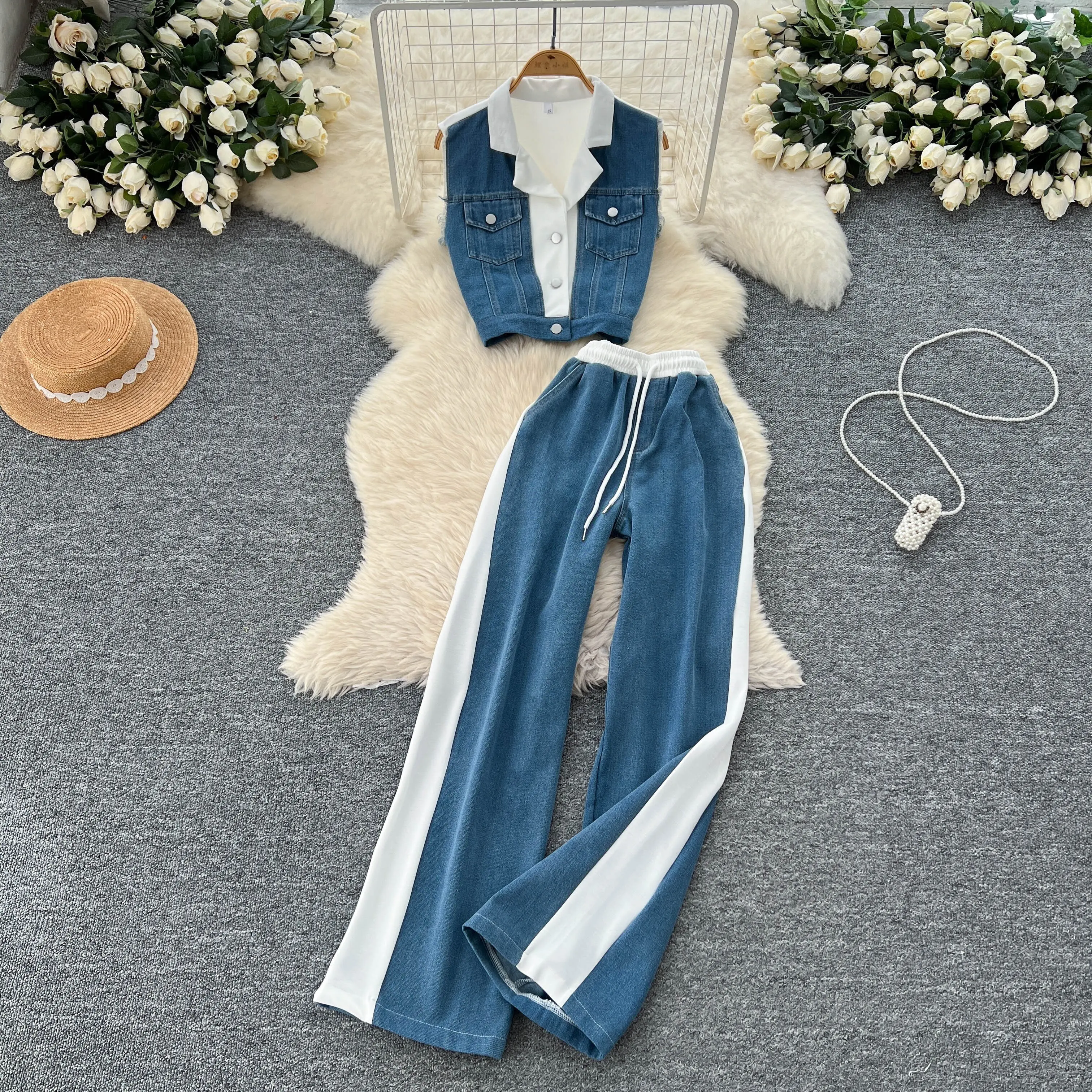 

Fashion Patchwork Casual Sets Lapel Neck Buttons Top+Drawstring Wide Legs Long Pant Streetwear Color Block Demin Suits