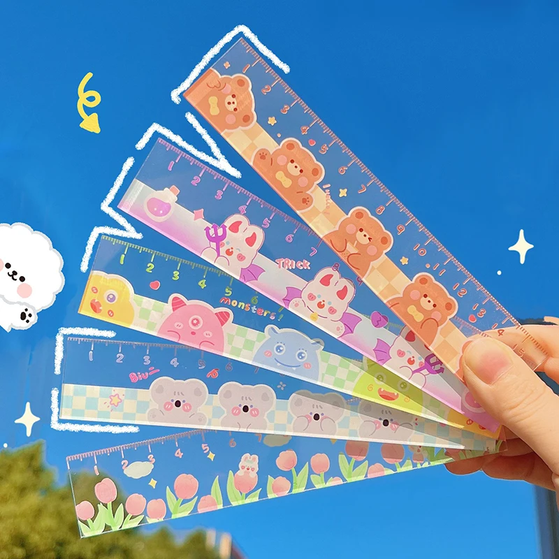 

15Cm Cute Kawaii Study Time Cartoon Ruler Multifunction Diy Drawing Plastic Rulers for Kids Student Office School Stationery