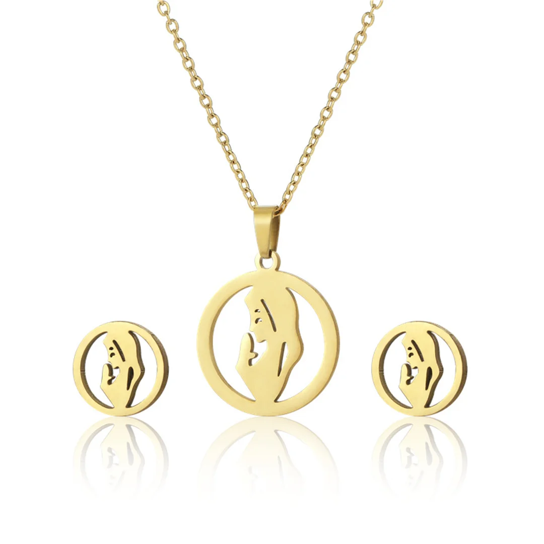 New Design Small Tiny Virgin Mary Pendant Earrings Set Gold Color Stainless Steel Faith Necklace For Women Religious Jewelry Set