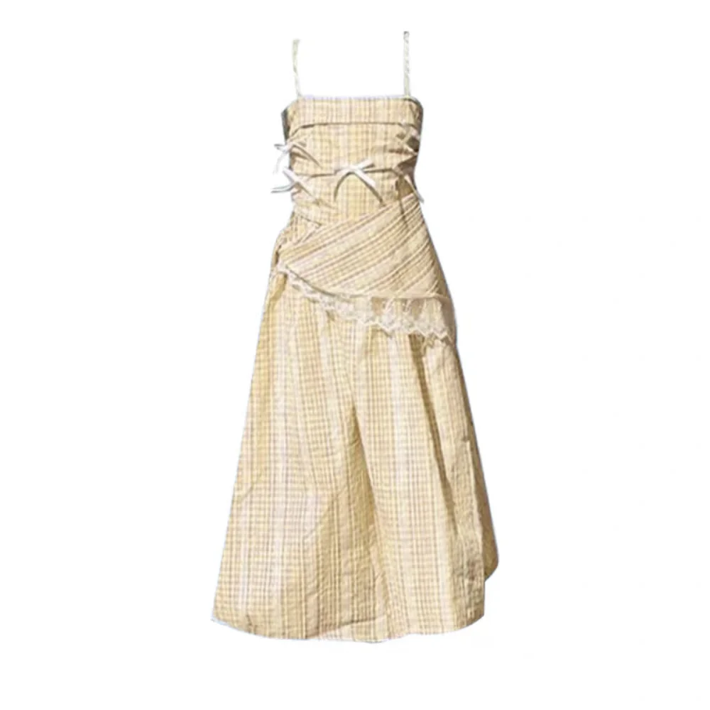 

Elegant Loose Girls Princess Grid Dress Party Teenagers Summer Kids Dresses Beach Vacation Sweet Children Sling Dress Students