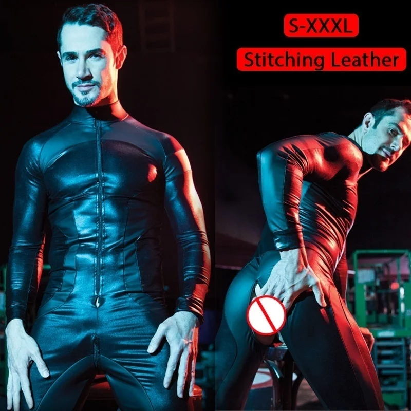 Men Stitching Leather Zentai Suit Stretchy Leather Men Tights Jumpsuit Black with BTM Zipper Gay Sex Costumes Erotic Club Party