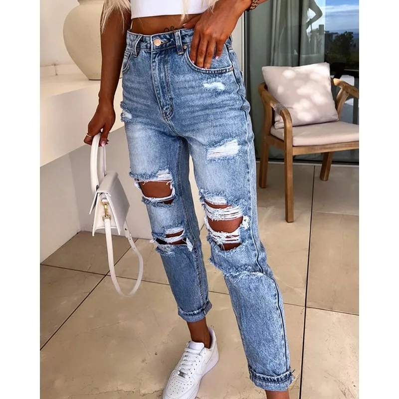 Women's Fashion Pocket Washed Ripped Jeans 2023 Autumn New Jeans Women's Vintage Button High Waist Denim Pencil Pants