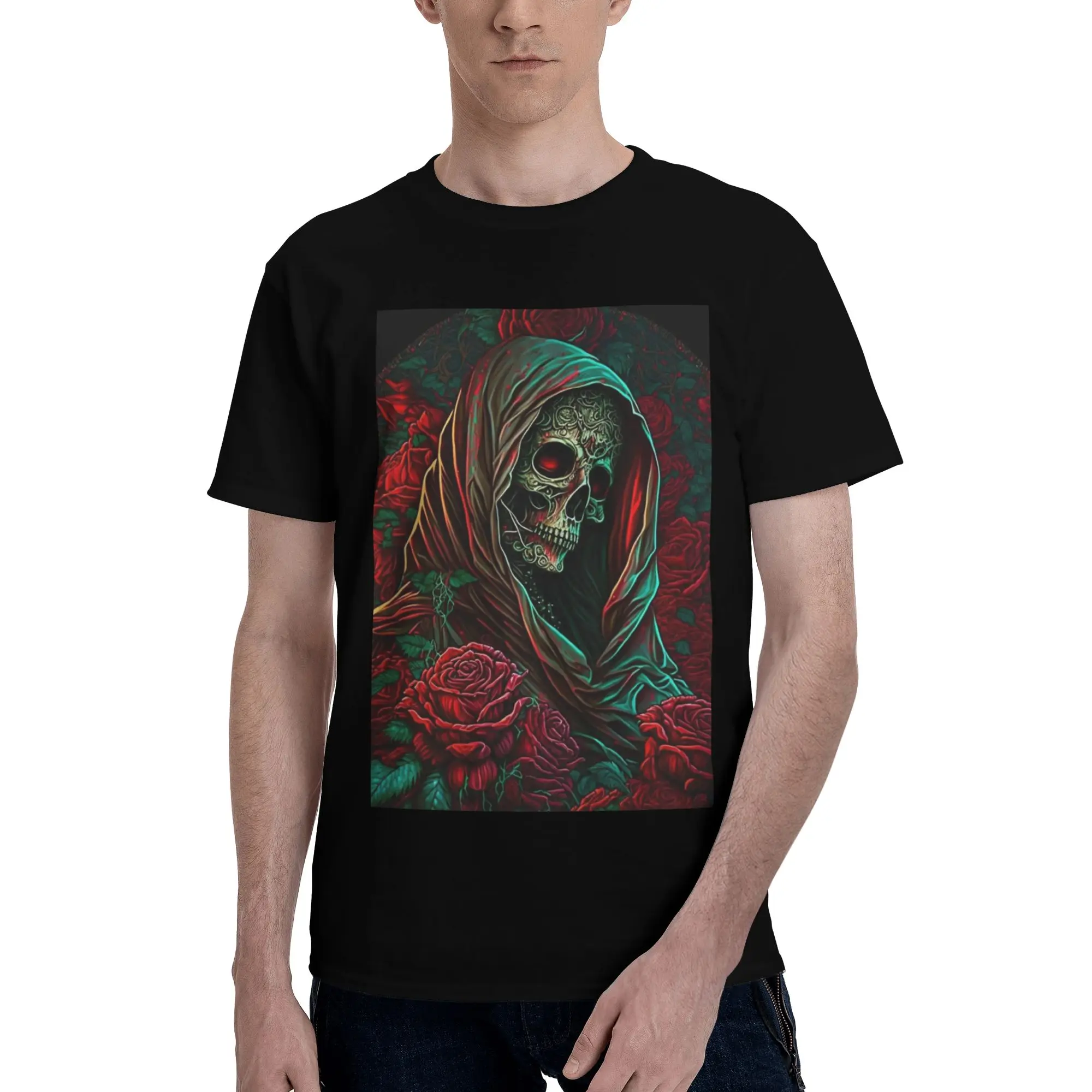 

Футболка из 100% хлопка Forest Roses Santa Muerte, мужские футболки большого размера, мужские футболки с круглым вырезом и коротким рукавом, S-6XL