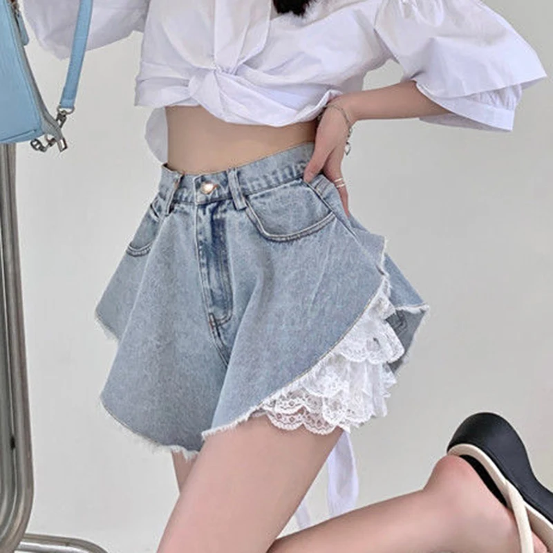 Y2K Women Solid Mini Skirt Korean Sexy Lace Two Piece Sets Female Denim Skirt Summer Fashion All Match High Waist Ladies Skirt