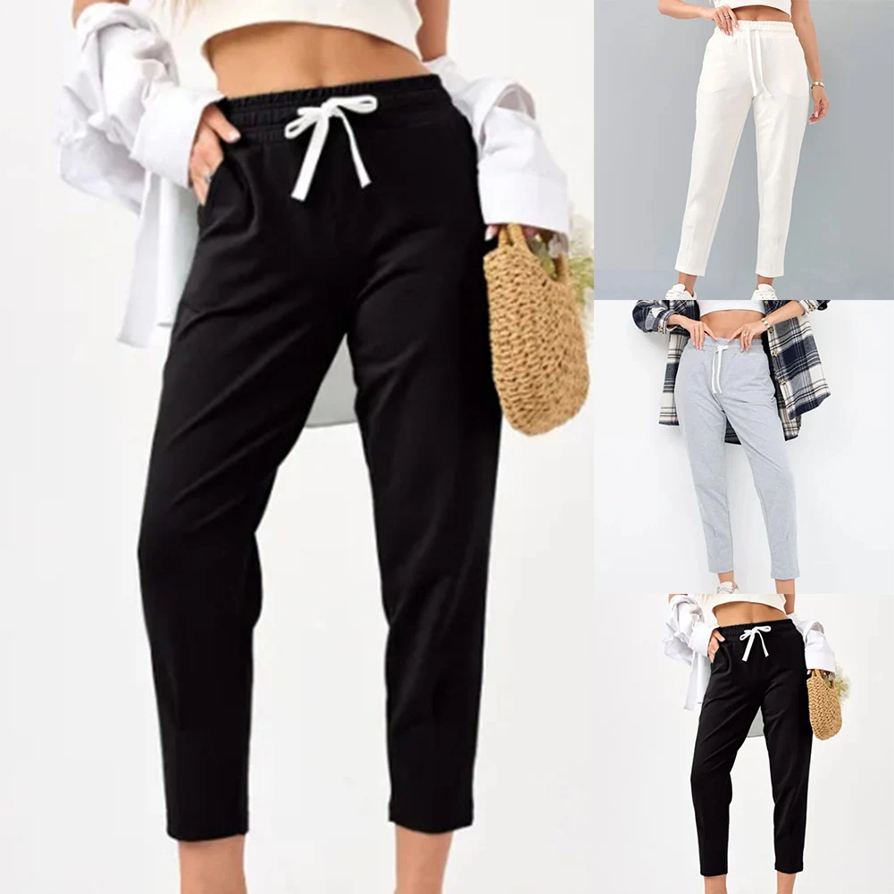 Pantalones largos para mujer, pantalones de pierna pequeña, tela de poliéster, cintura elástica, estilo informal, adecuados para la vida diaria y la calle