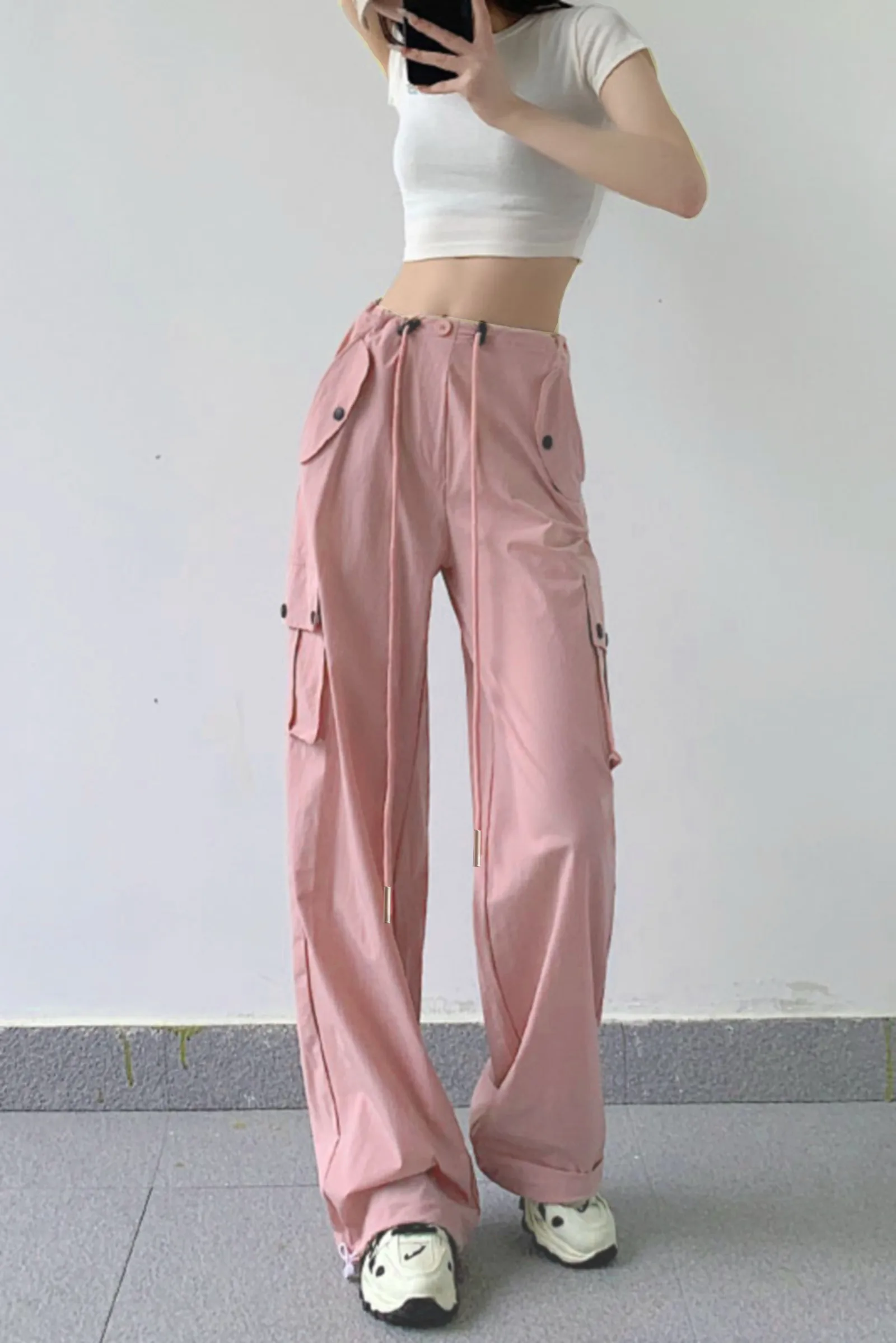 Y2K Pocket Baggy Cargo Pants for Women, Loose Trousers, Wide Leg, Pink Campus Female, Green, Grey, Black