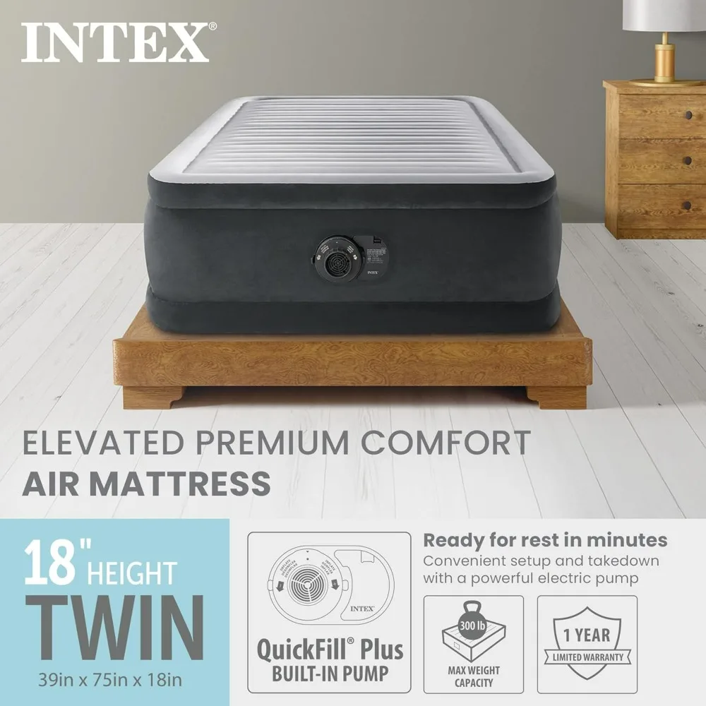 Intex Twin Size Air Mattress 18in Height Built-in Pump Dura-Beam Comfort-Plush Portable Inflatable Bed for Camping Travel Guests
