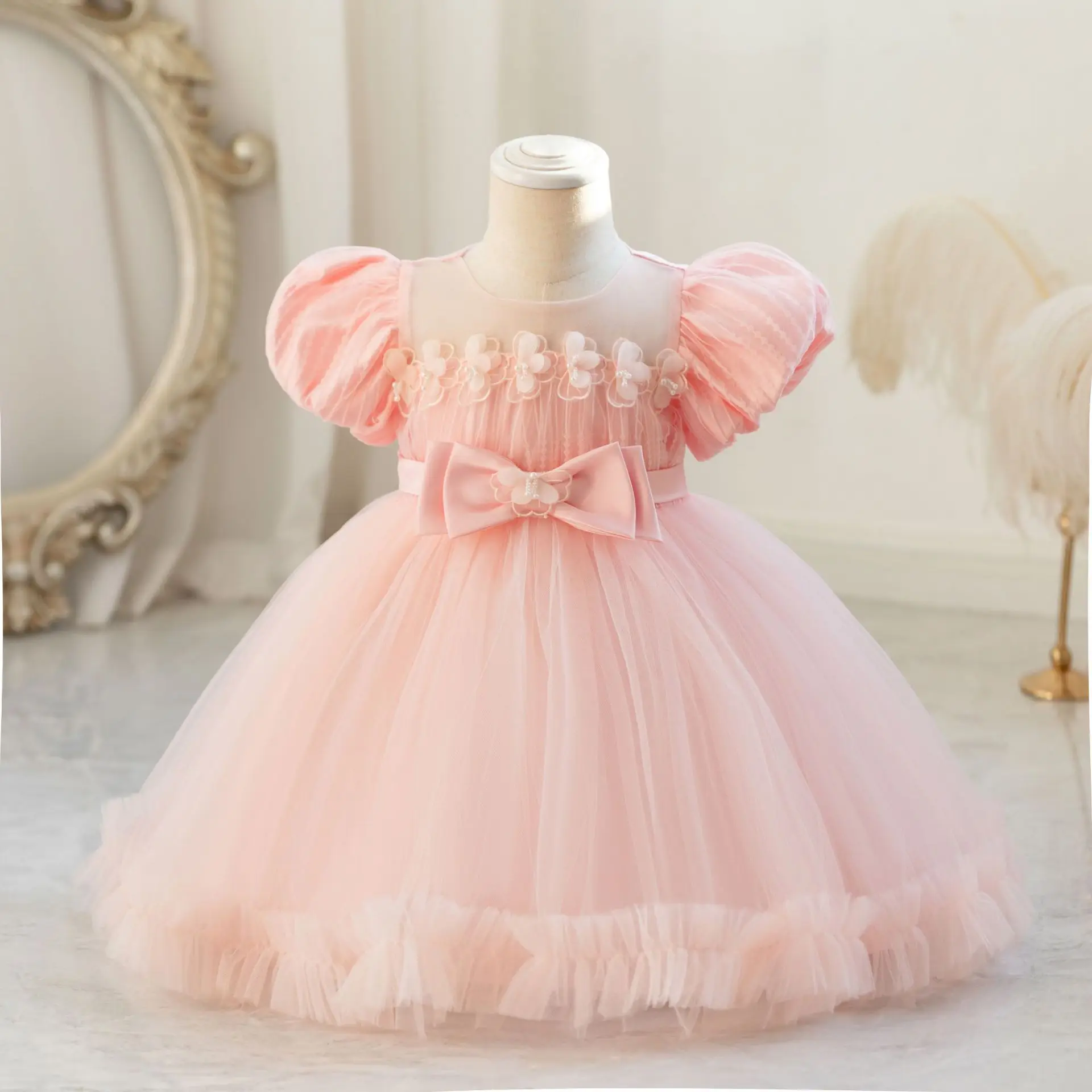 Robe de reconstitution historique à manches bouffantes pour bébés filles, robe de soirée pour tout-petits, fête d'anniversaire, appliques de fleurs, TT103