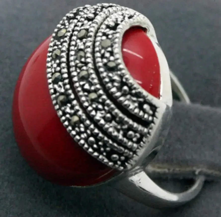 

Fashion jewelry Women Gift word Love 16mm Red Carved Lacquer Marcasite 925 STERLING SILVER RING SIZ