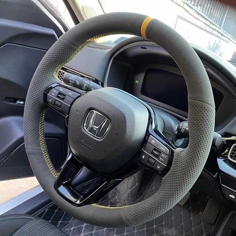 for Honda Accord Civic 11th Gen CRV 2023 2024 Hand-stitched non-slip Yellow line yellow-labeled suede car Steering Wheel Cover