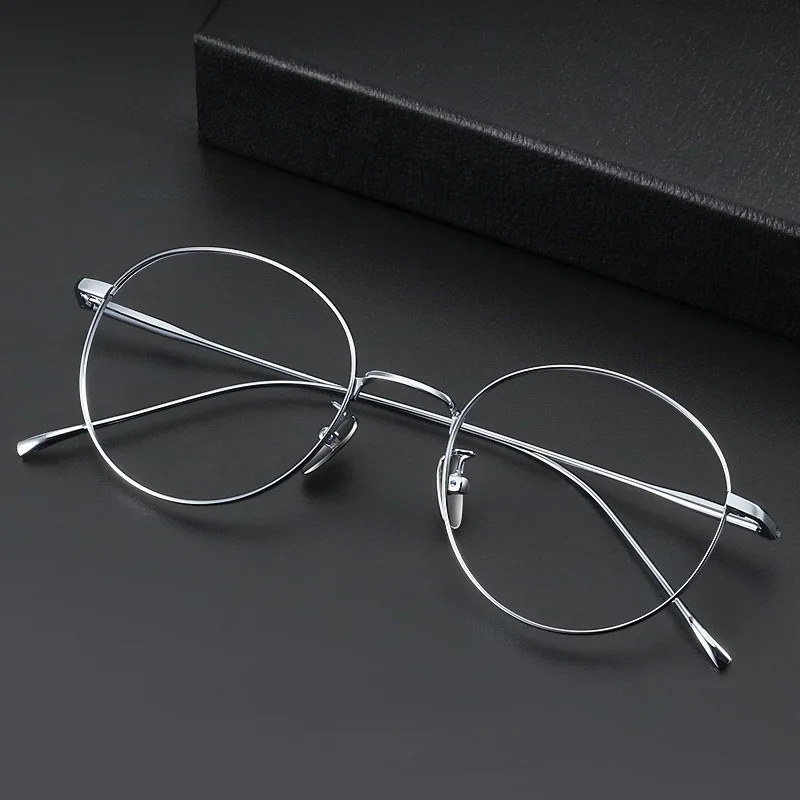 Ultra-Light Pure Titanium Silver Round Eyeglass Frame Vintage Circular Spectacle Frame Men Women Thin Slim Optical Frame